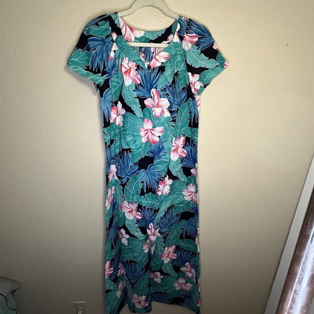 HiloHattie MuuMuu Sz M Teal Floral Tiki Lounge Vintage Luau Maxi Dress Camp